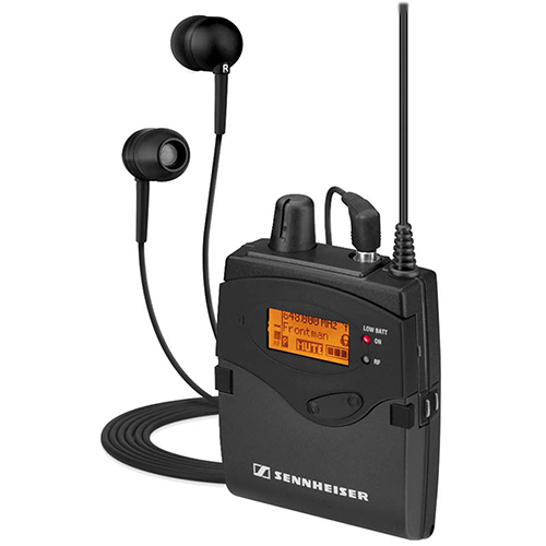 Photo of Sennheiser G4 in ear monitor receiver with ear buds on white background.