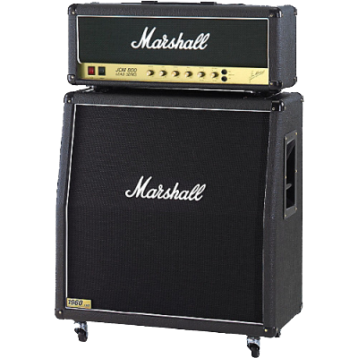 Marshall JCM800 Amp on top of a speaker cabinet